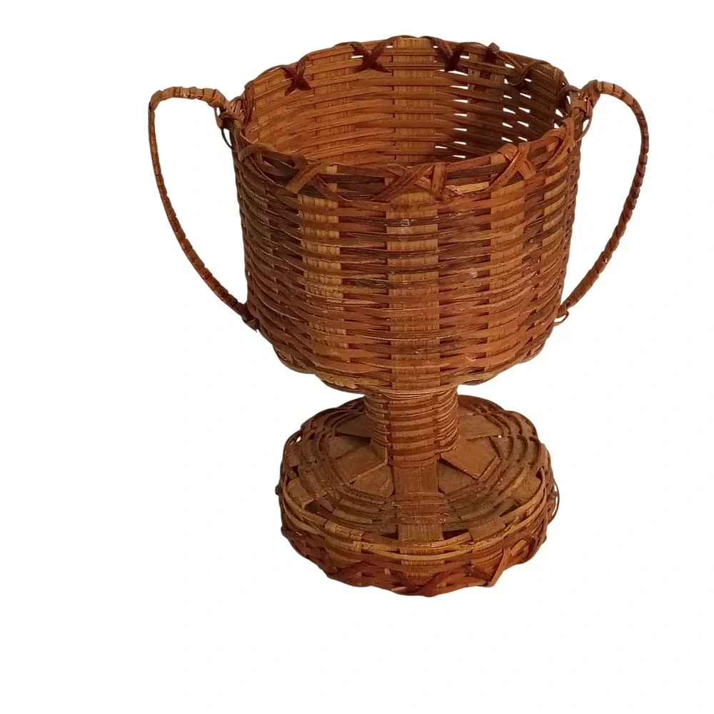 Vintage Woven Wicker Trophy Basket Chalice Urn Pedestal Planter Boho Decor Brown